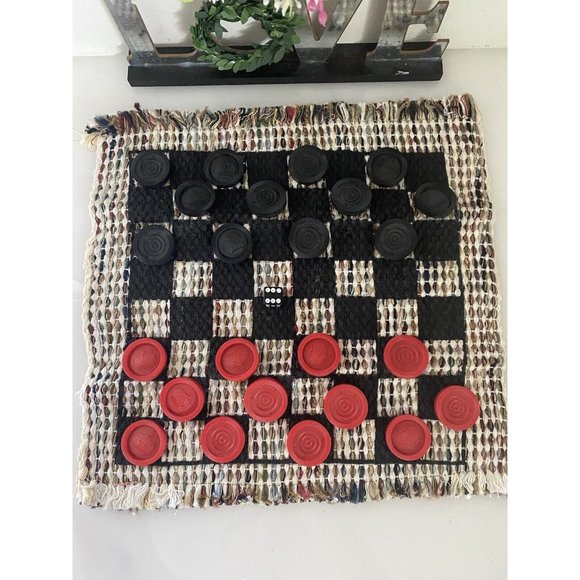Checkers Board Game with Rug Board 12" x 12½”  12 Black 12 Red Checkers Vintage - Picture 5 of 16